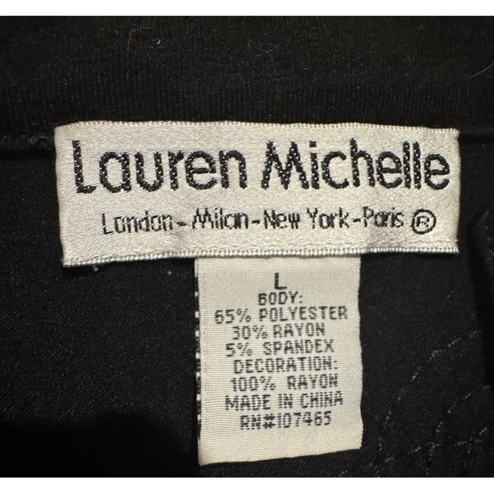 Lauren Michelle Woman Black Silver Tunic Top Blouse Applique Ribbon Sz L